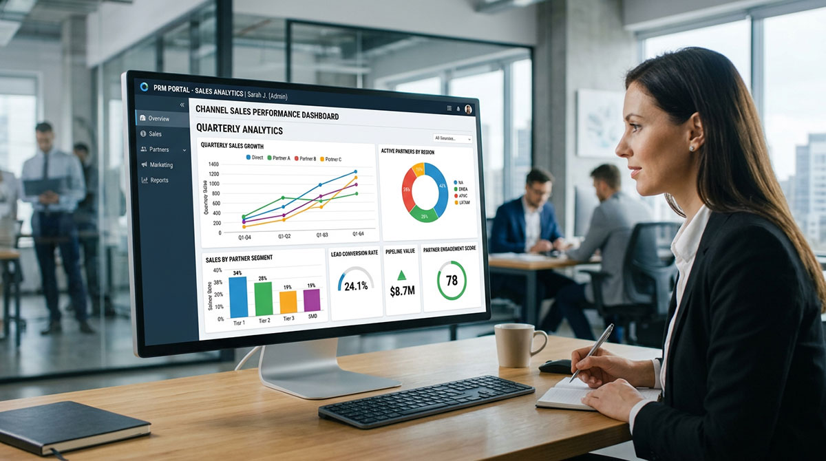 An analytics dashboard within a PRM platform displaying colorful charts and graphs on channel sales performance.