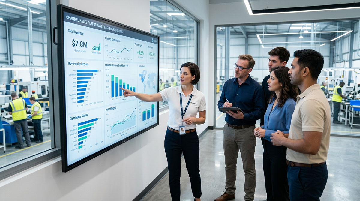 A team of manufacturers reviewing data on a dashboard related to channel sales performance.
