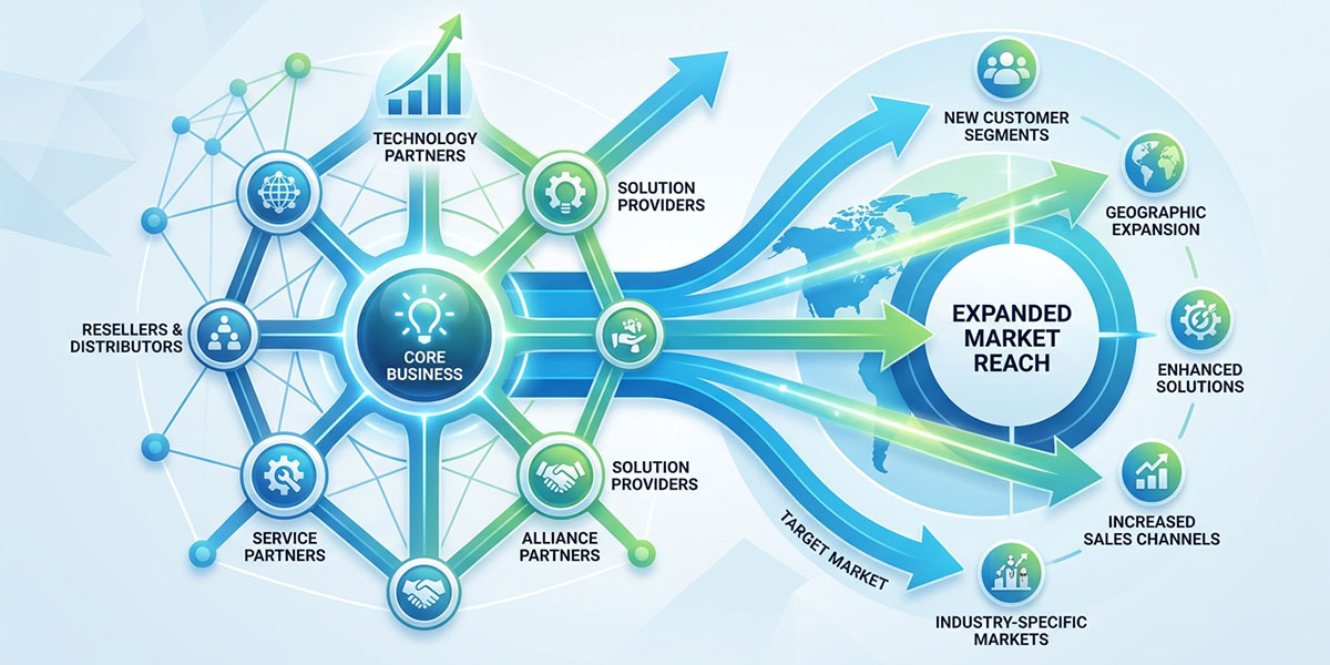 A diagram showing how a partner ecosystem expands market reach.