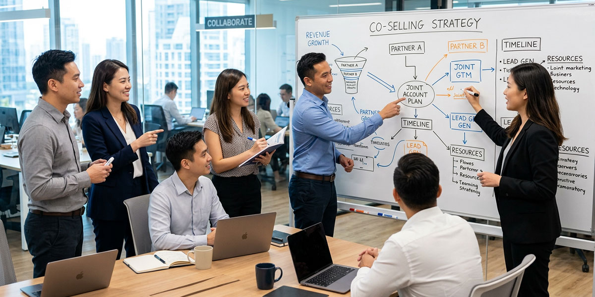 Two sales teams collaborating on a whiteboard, illustrating a co-selling strategy.