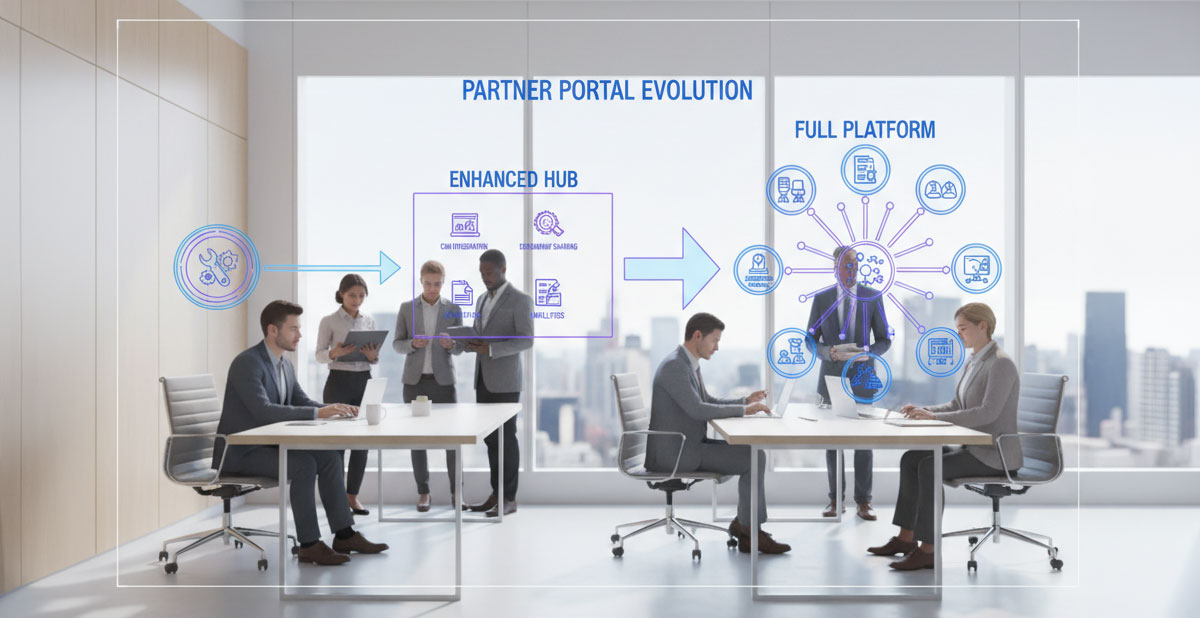 A manufacturer and a partner collaborating over a digital interface representing a partner portal.