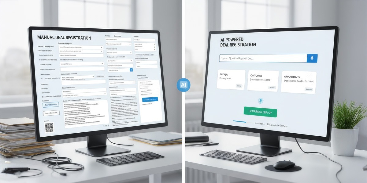 A side-by-side comparison of a cluttered manual deal registration form versus a clean, AI-powered interface.