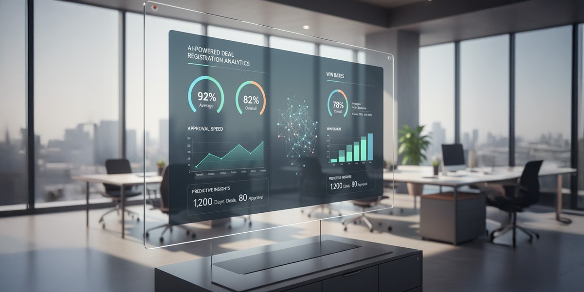 A dashboard displaying AI-powered analytics for deal registration, including approval speed and win rates.