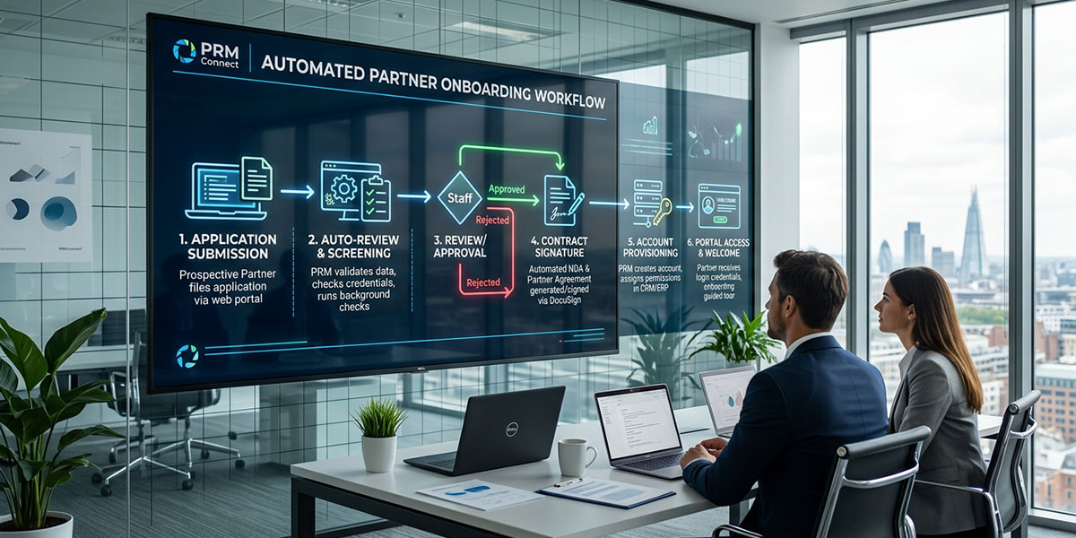 A flowchart illustrating an automated partner onboarding workflow within a PRM, from application to portal access.