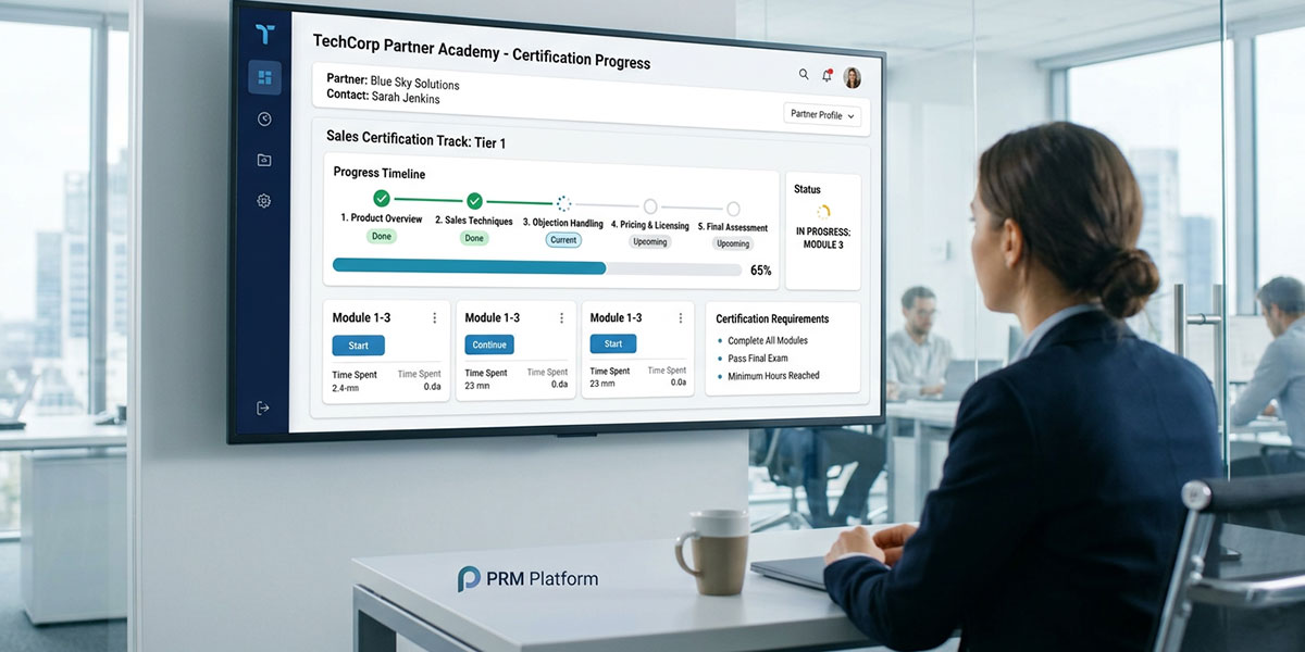A dashboard inside a PRM platform showing a partner's progress through a sales certification training course.