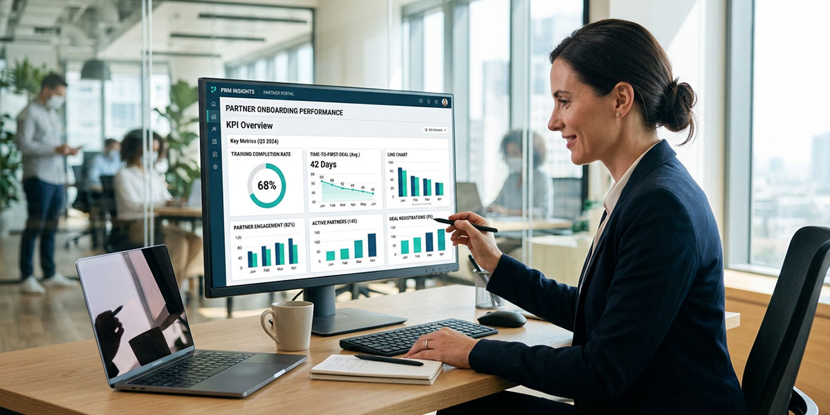 A dashboard inside a PRM platform showing a partner's progress through a sales certification training course.