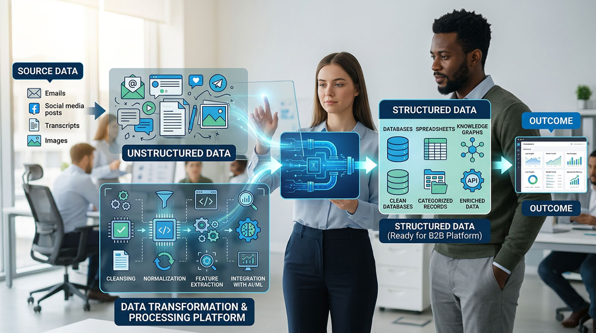 Diagram showing unstructured data being transformed into structured data for a B2B platform.