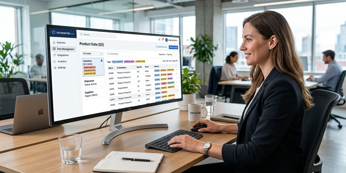 A user interface showing data fields being tagged and organized within a b2b portal.