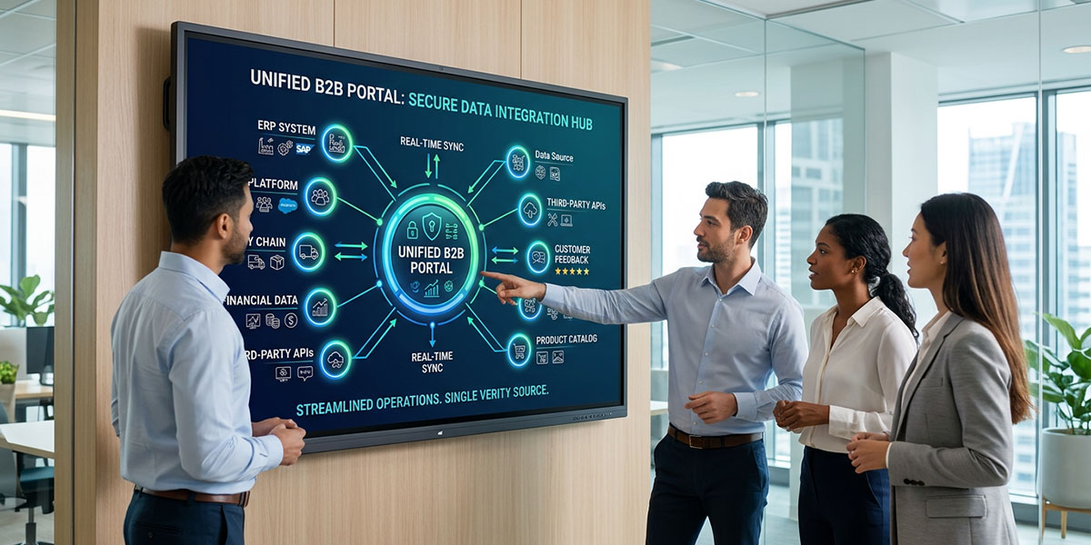 A hub-and-spoke diagram illustrating how a unified b2b portal connects various data sources.