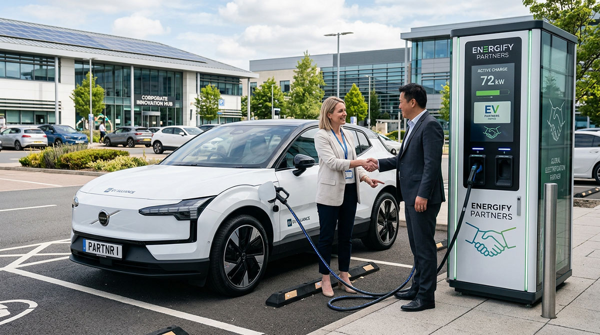 An electric vehicle at a charging station, symbolizing the new partnerships needed for electrification.