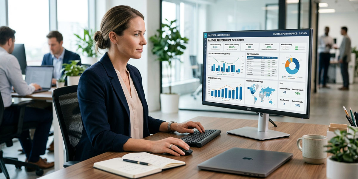 A dashboard showing business intelligence reports and analytics for partner performance.