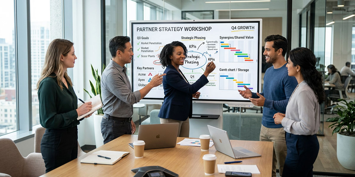 A team of diverse professionals collaborating around a digital whiteboard, planning a partner strategy.