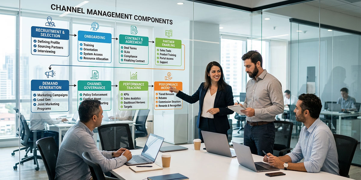 A flowchart showing the core components of channel management, from recruitment to performance incentives.