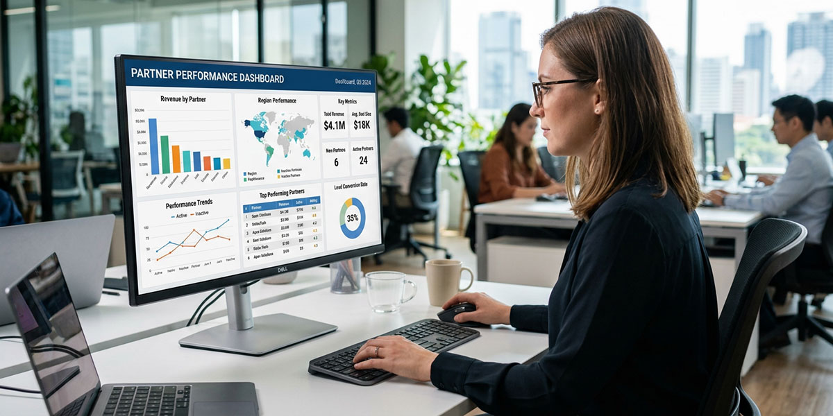 A dashboard on a computer screen displaying partner performance analytics, illustrating the role of technology in channel management.