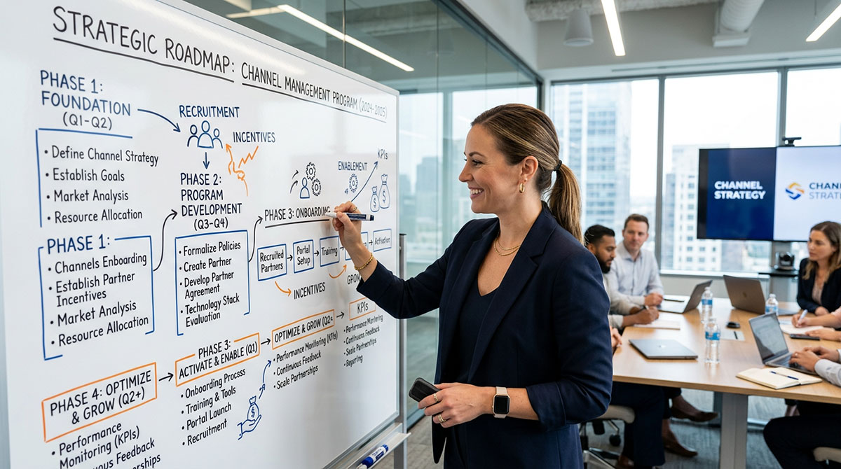 A person drawing a strategic roadmap on a whiteboard, outlining the steps to build a channel management program.