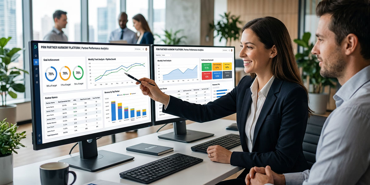 A dashboard within a PRM platform shows key partner performance analytics and metrics.
