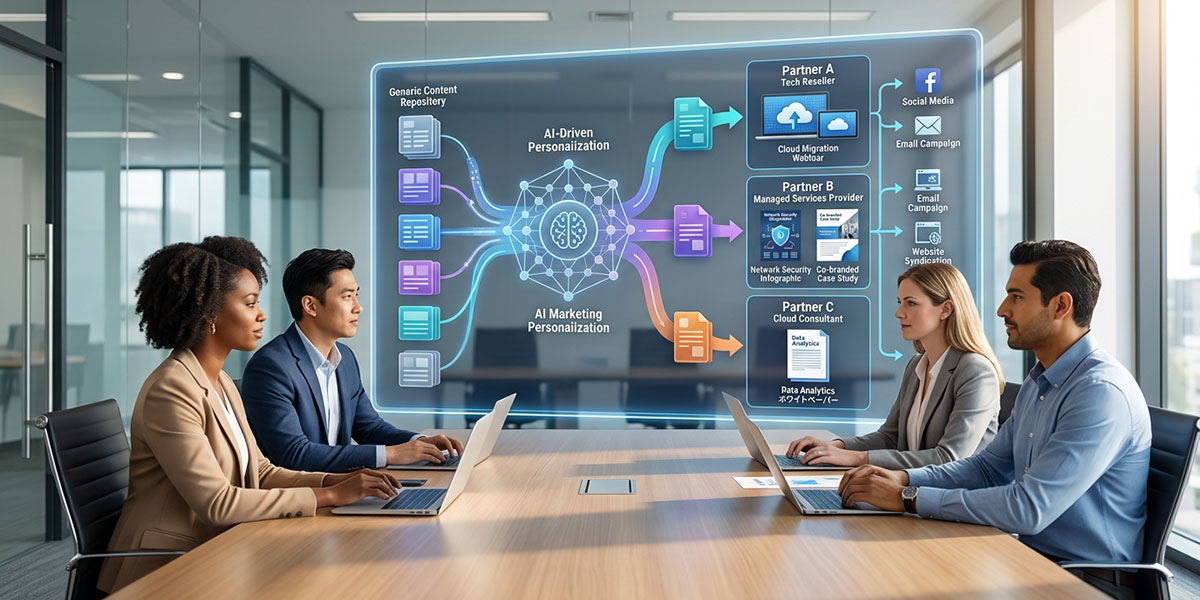 An illustration showing an AI algorithm personalizing marketing content for different channel partners on a PRM platform.