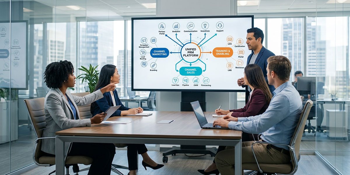 A diagram illustrating how a unified PRM platform connects various channel functions like marketing, sales, and training.