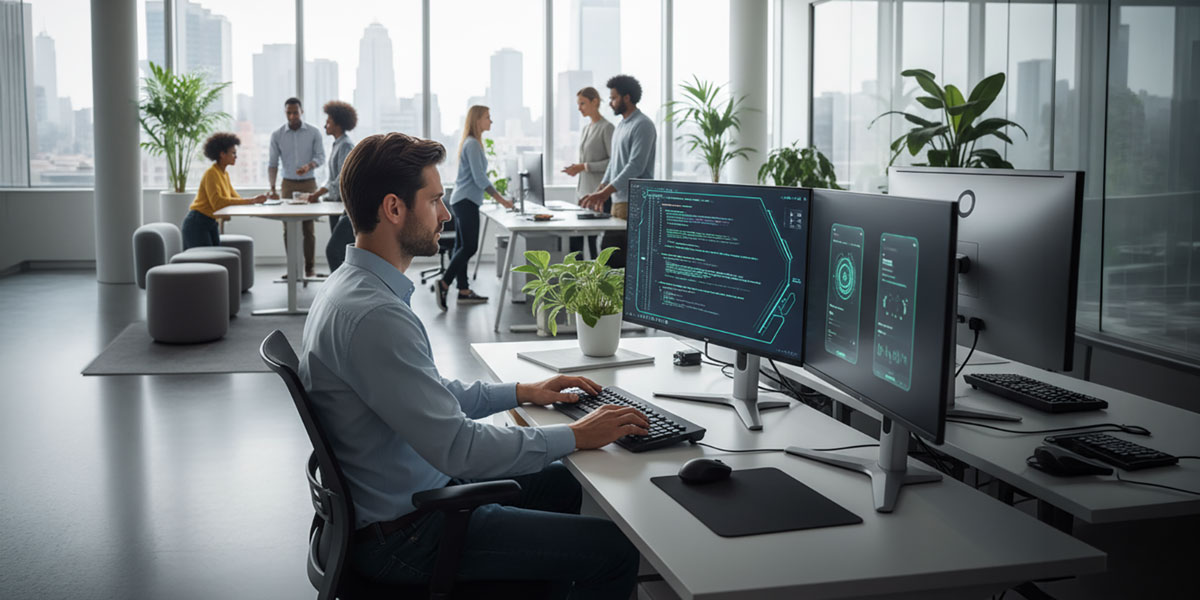 A developer working on a computer showing AI-generated code for a new application.