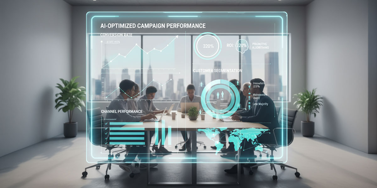 A marketing dashboard showing AI-optimized campaign performance metrics and customer segmentation.