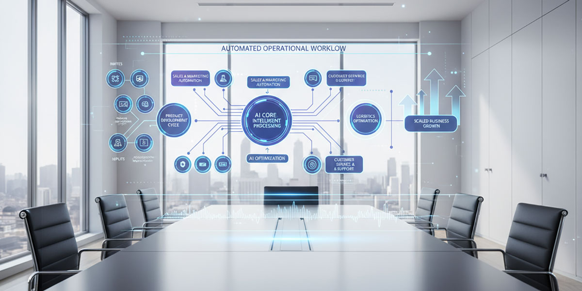 A diagram illustrating the automated operational workflows of a scaling business, powered by AI.