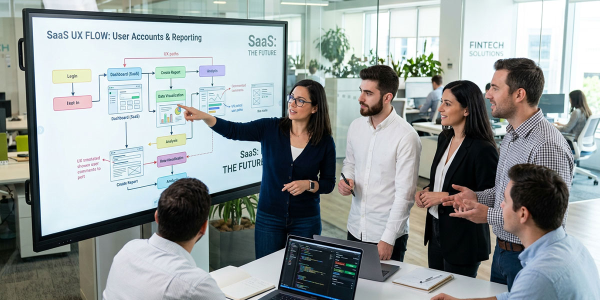 A development team collaborating around a digital whiteboard, discussing user experience flows which is key to the future of SaaS.