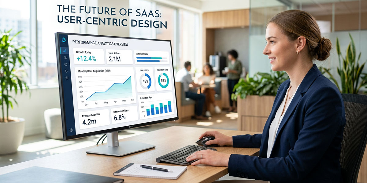 An intuitive SaaS dashboard showing clean and simple performance analytics, a key aspect of user-centric design for the future of SaaS.