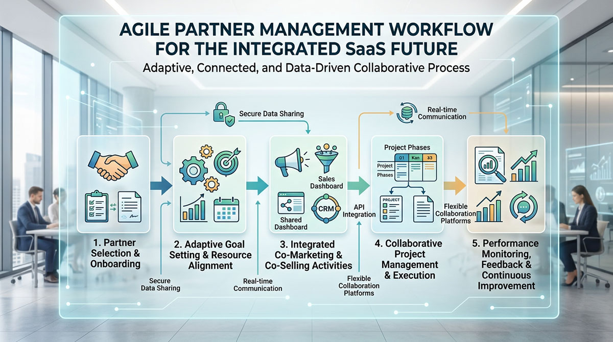 A diagram illustrating a flexible and agile partner management workflow, which is vital for the integrated future of SaaS.