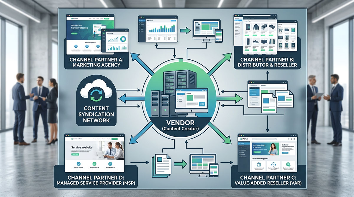 A diagram showing how content syndication flows from a vendor to multiple channel partners.