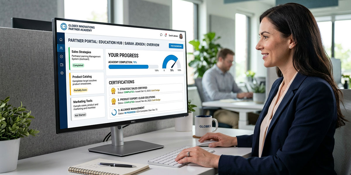 A screenshot of a partner learning management system dashboard showing progress and certifications.