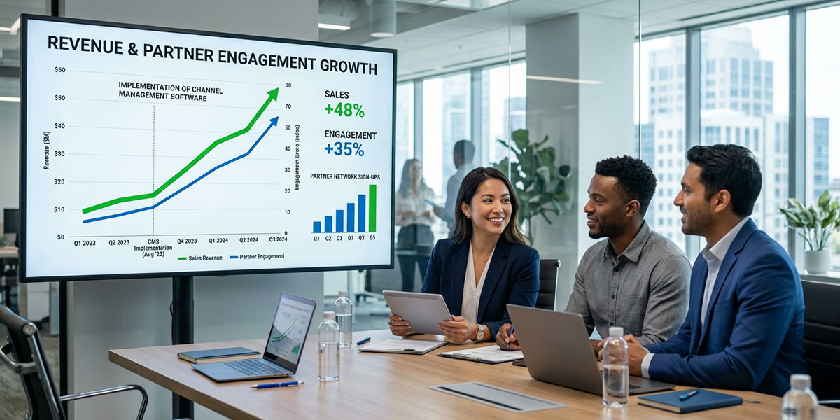 A graph showing an upward trend in sales and partner engagement after implementing channel management software.