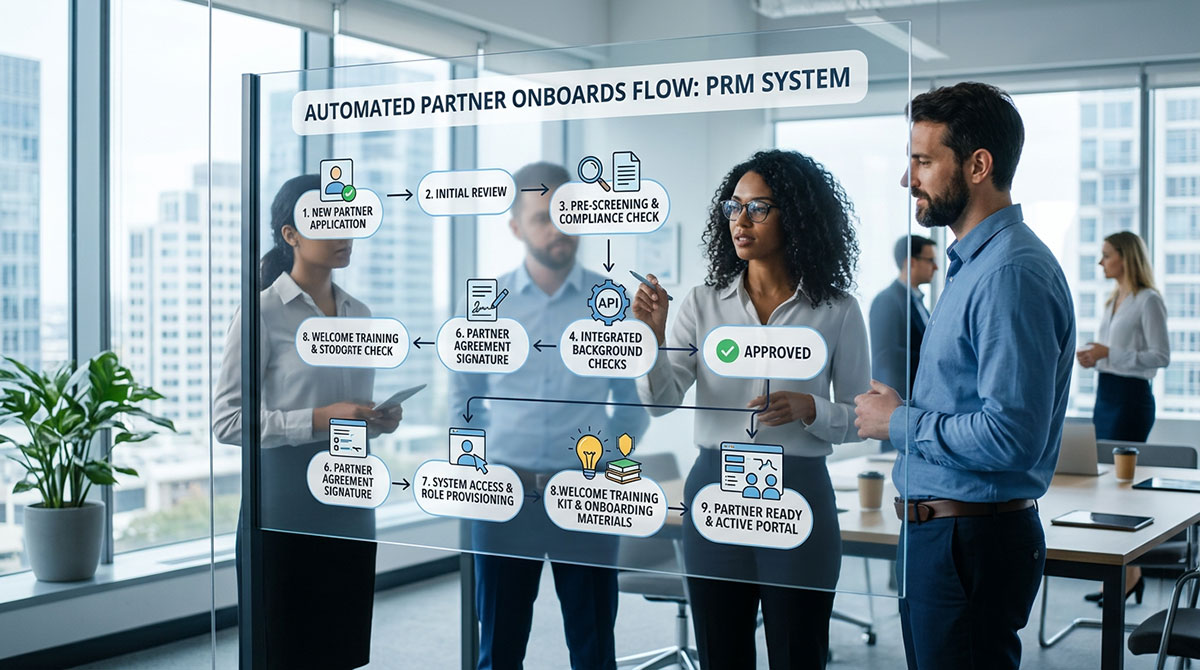 Workflow diagram for automated partner onboarding process in a PRM system.