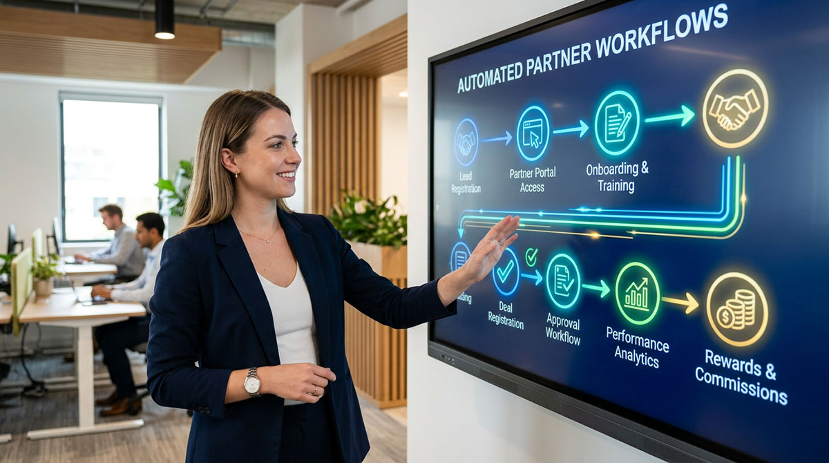 An animated flowchart illustrating automated workflows within a partner management platform.