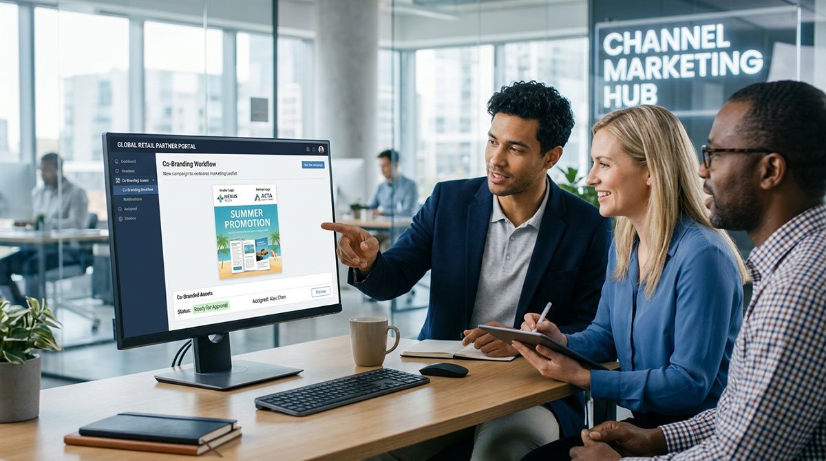 Marketing assets being co-branded within a channel marketing management platform.