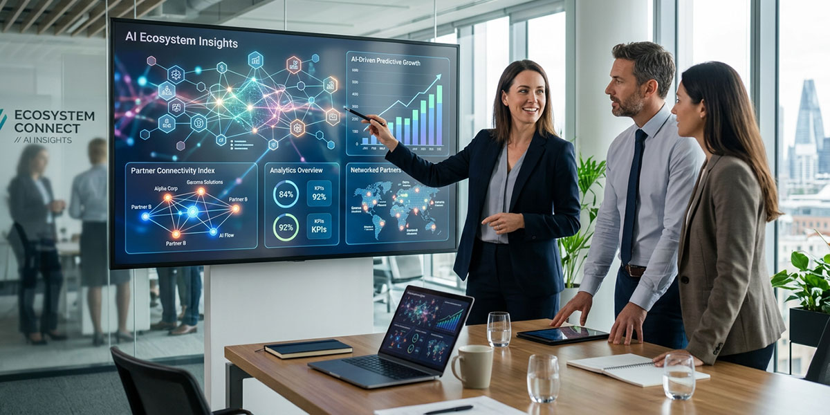 An abstract digital interface with AI data points and predictive analytics charts for a partner ecosystem.