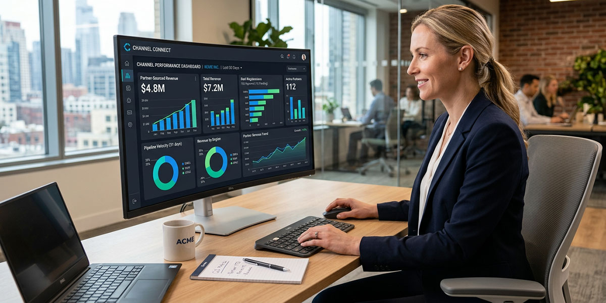 A dashboard from channel management software displaying key performance indicators like partner-sourced revenue and deal registrations.