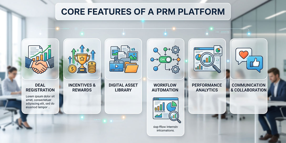 An icon grid showing the core features of a Partner Relationship Management platform, such as deal registration, automated incentives, and a digital asset library.