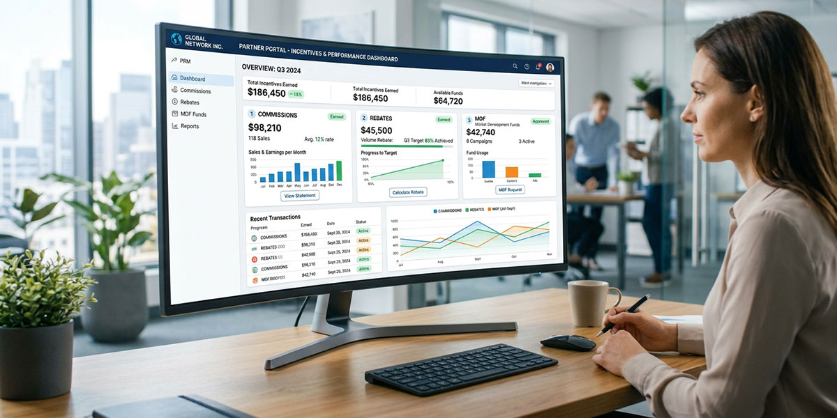 A screenshot of an automated incentives dashboard within a Partner Relationship Management system, showing commissions, rebates, and MDF.