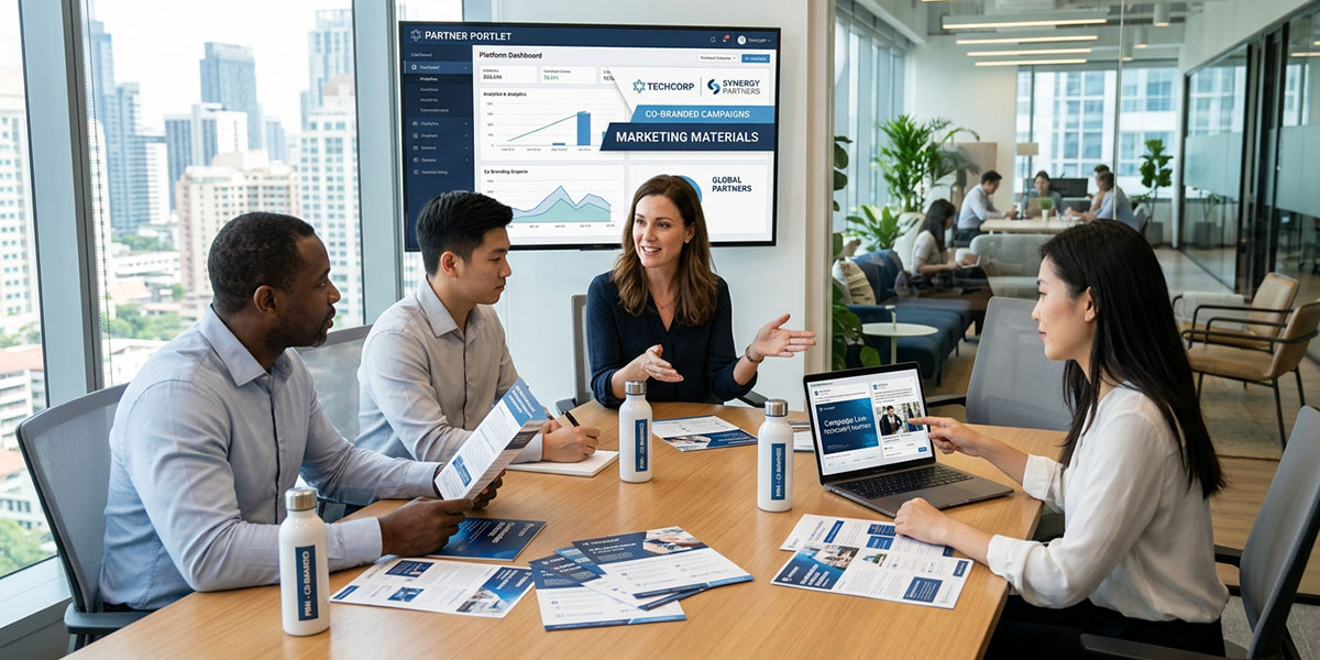 Various co-branded marketing materials managed through a PRM platform.