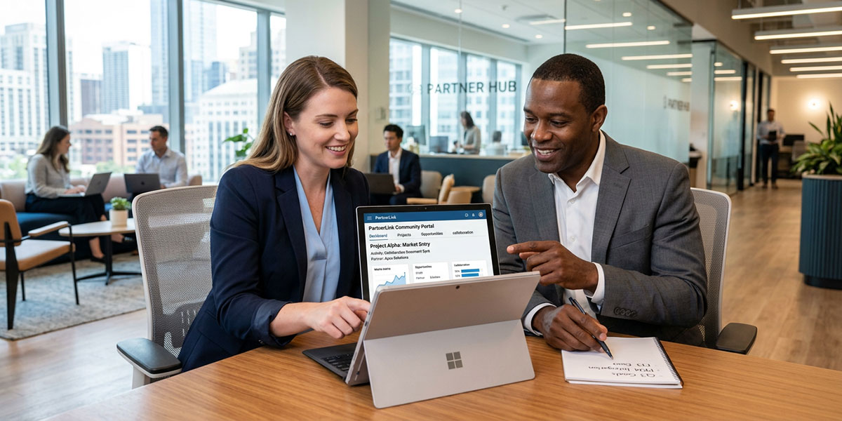 Partners collaborating on a project within a Partner Relationship Management community portal.