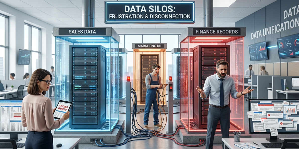 An illustration depicting data silos, showing disconnected databases and frustrated employees.