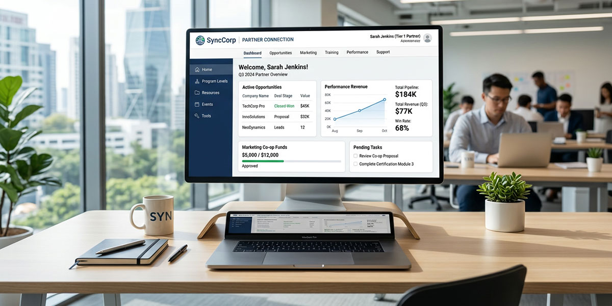 A screenshot of a clean, user-friendly partner portal dashboard with various modules accessible.