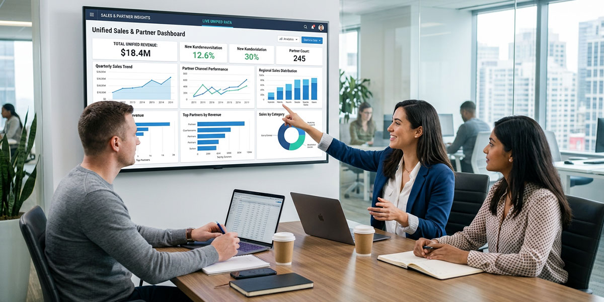 A business intelligence dashboard showing unified data from sales and partner channels.