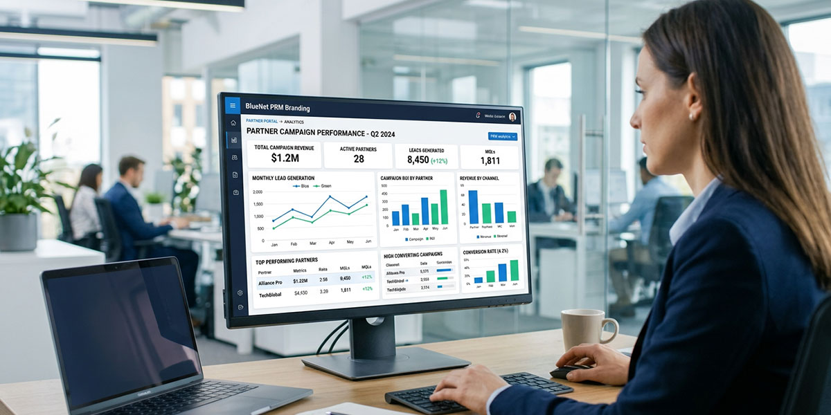 A dashboard showing partner marketing campaign performance analytics within a PRM platform.