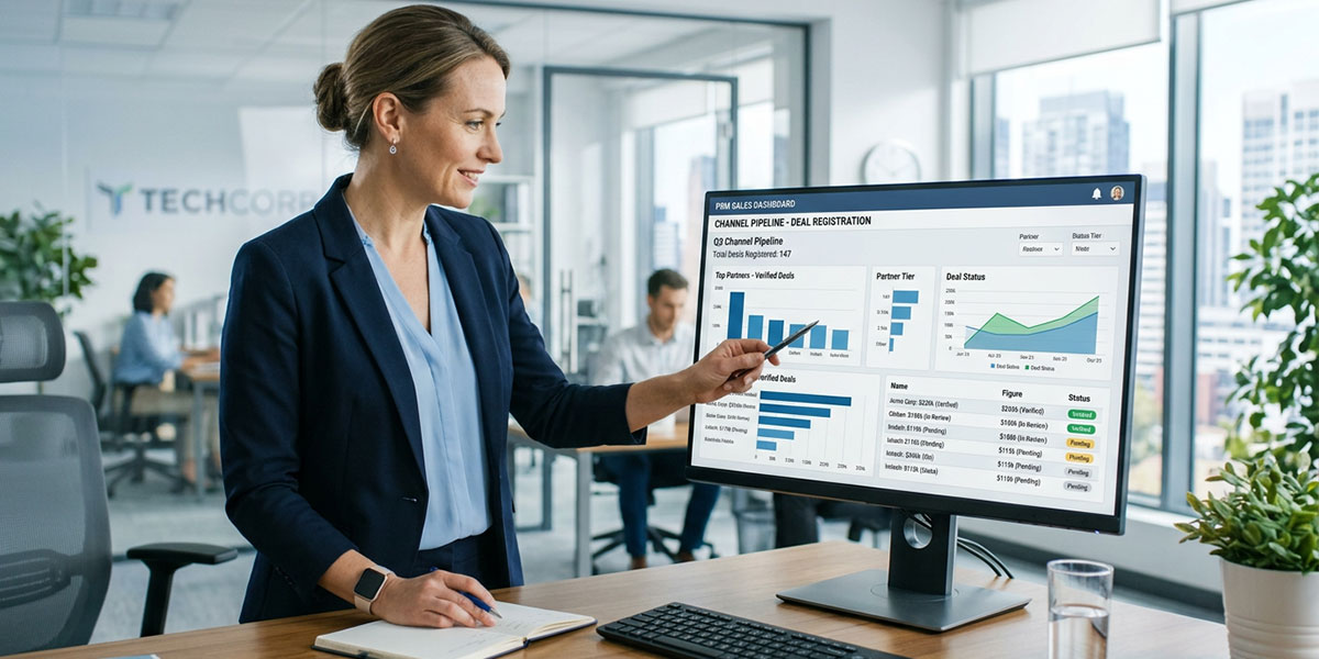 A sales manager reviewing a channel pipeline dashboard with deal registration data inside a PRM.