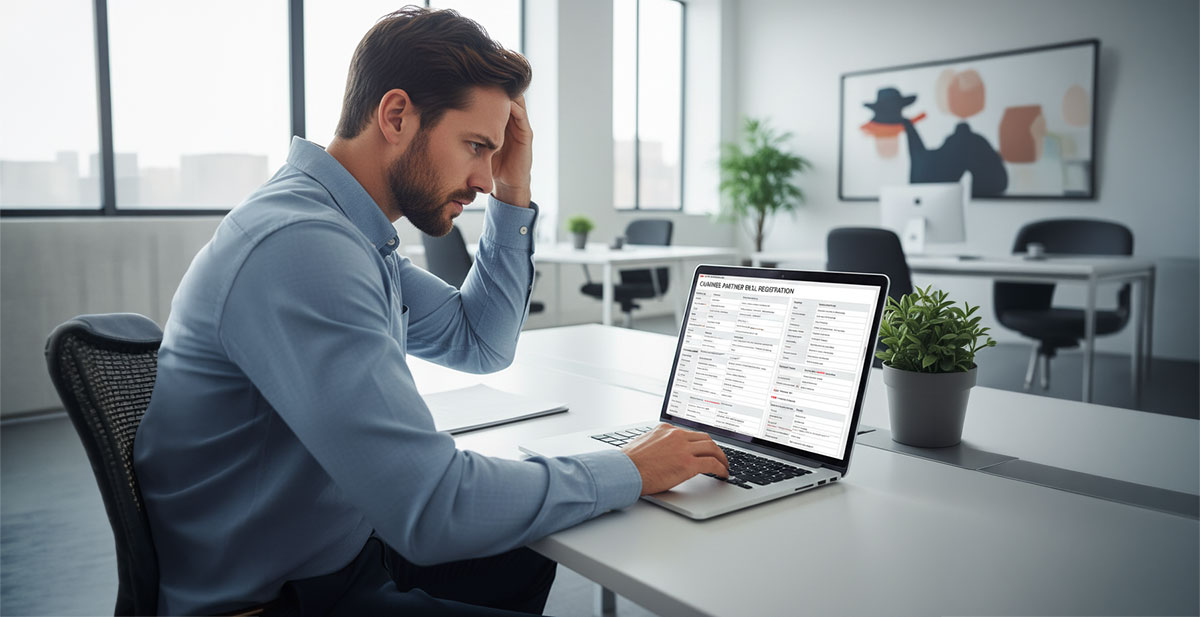 A frustrated channel partner looking at a complex deal registration form on a laptop.