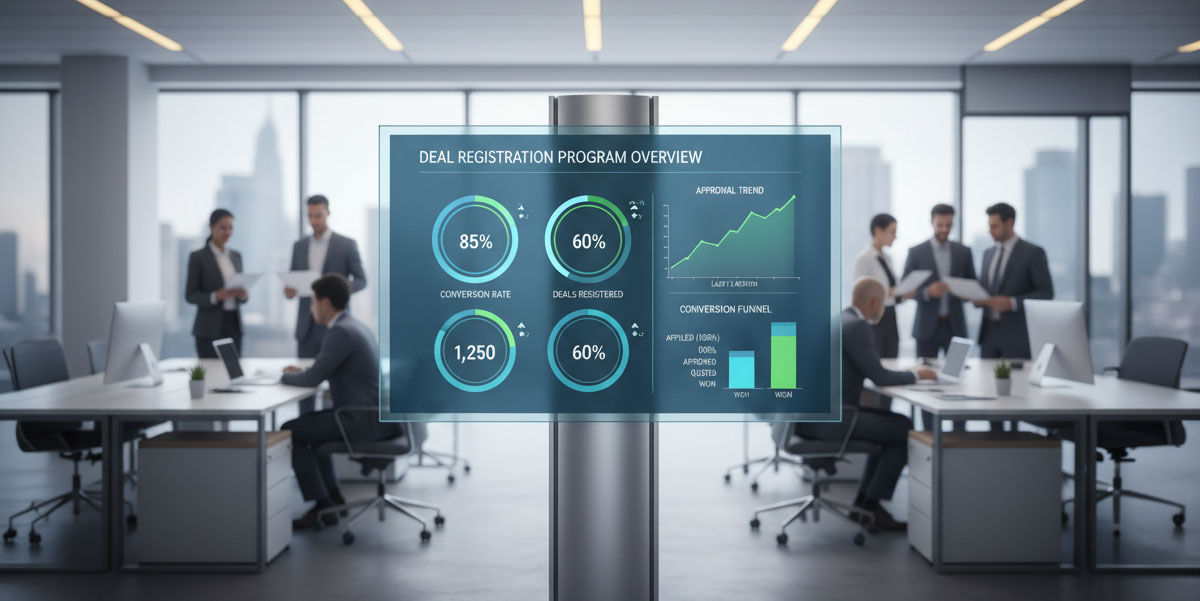 A dashboard showing key performance indicators for a deal registration program, including approval rates and conversion metrics.