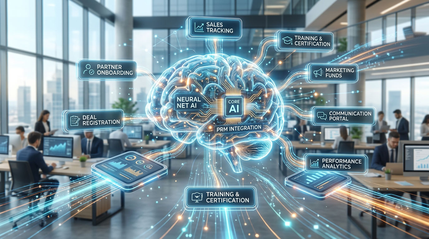 An abstract image showing an AI brain connected to different PRM software modules, indicating artificial intelligence integration.