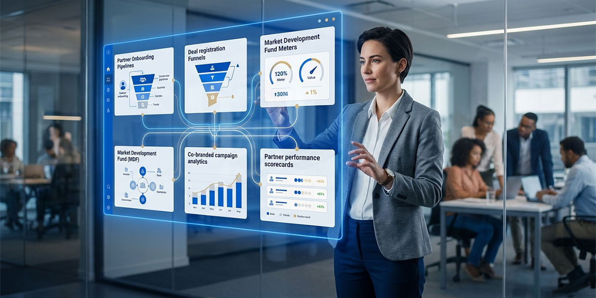 ZINFI Unified Channel Management platform dashboard showing channel partner onboarding, deal registration, MDF management, and partner performance analytics