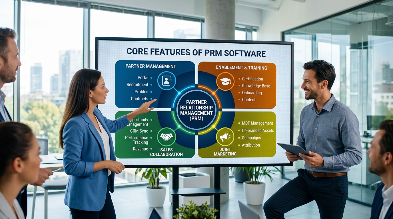 A diagram showing the core features of PRM software, such as partner management, enablement, marketing, and sales.